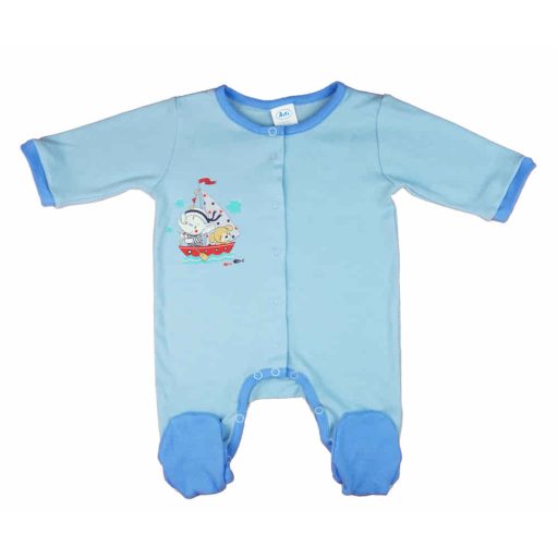 Vékony, pamut, elöl patentos kisfiú rugdalózó vitorlás mintával