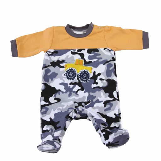 Terep színű traktoros mintával belül bolyhos baba rugdalózó