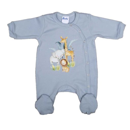 Vékony, pamut, elöl patentos kisfiú rugdalózó Szafaris mintával