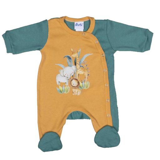 Vékony, pamut, elöl patentos kisfiú rugdalózó Szafaris mintával