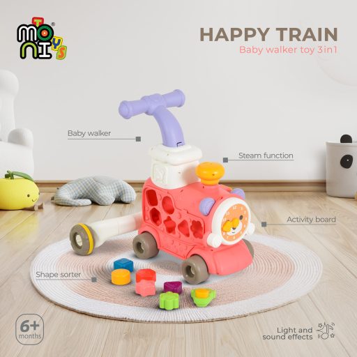 Moni Toys 3in1 Happy Train járássegítő és készségfejlesztő játék - Rózsaszín