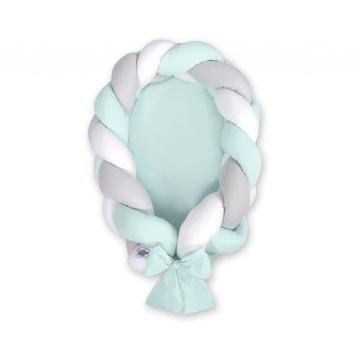 Fonott babafészek és rácsvédő - 2in1 - fehér-szürke-menta  - menta alap