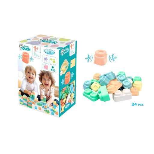 Mochtoys Play&Squish építőkocka dobozban 24 db-os puha építőjáték pasztell színekben
