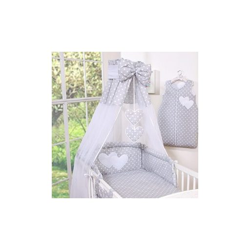 BabyLion Prémium baldachin függöny - Szürke - Fehér pöttyök - szívecskével