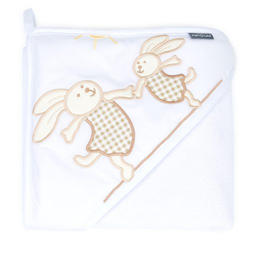 MTT Fürdőlepedő kapucnival - Fehér - boldog nyuszik hímzéssel