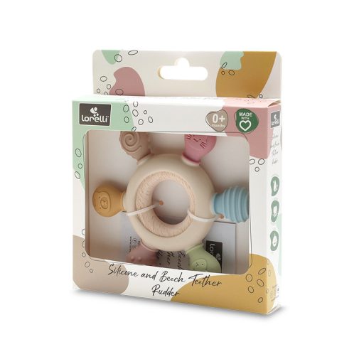 Lorelli Kormánykerék szilikon és bükkfa rágóka - Natural Beige