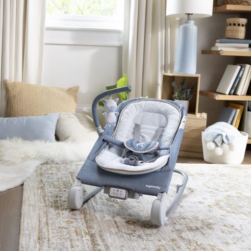 Ingenuity Rezgő masszázs pihenőszék dallamokkal, Happy Belly™, Rock-to-Bounce, Chambray, 0 hó