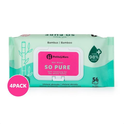 Petite&Mars Nedves törlőkendő, SO PURE, bambusz, biológiailag lebomló, 4x56 db