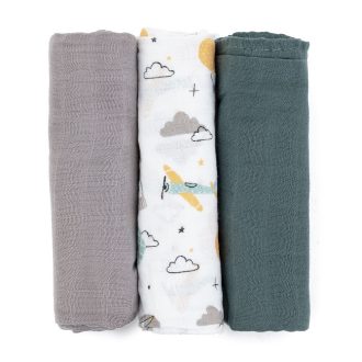   Petite & Mars Bambusz muszlin 3db-os pelenka szett Moussy Grey Planes, 68 x 68 cm
