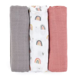   Petite&Mars Bambusz muszlin 3db-os pelenka szett, Moussy Rose Rainbows, 68 x 68 cm