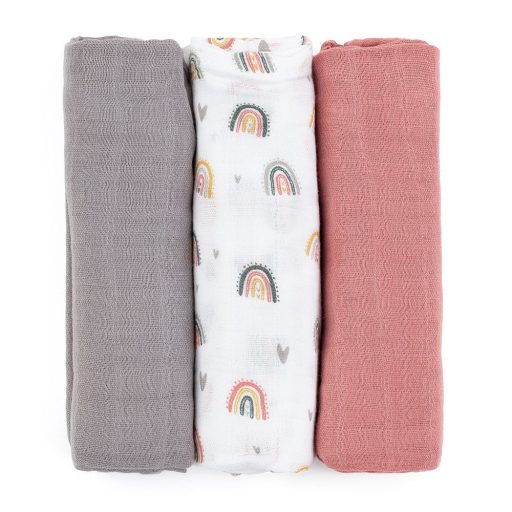 Petite&Mars Bambusz muszlin 3db-os pelenka szett, Moussy Rose Rainbows, 68 x 68 cm