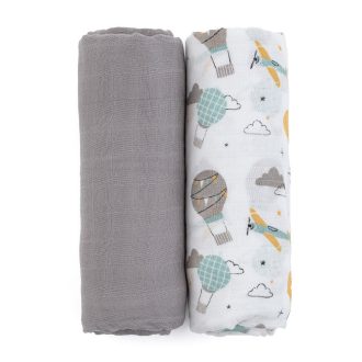   Petite&Mars Bambusz muszlin 2db-os pelenka szett, Misty Grey Planes, 120 x 120 cm