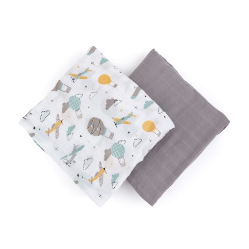 Petite&Mars Bambusz muszlin 2db-os pelenka szett, Misty Grey Planes, 120 x 120 cm