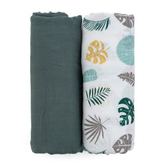   Petite&Mars Bambusz muszlin 2db-os pelenka szett, Misty Green Leaves, 120 x 120 cm