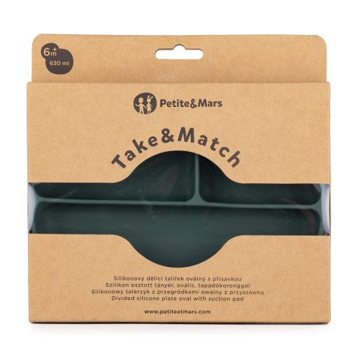 Petite&Mars Szilikon osztott ovális tányér, Take&Match, Misty Green, 6 hó+