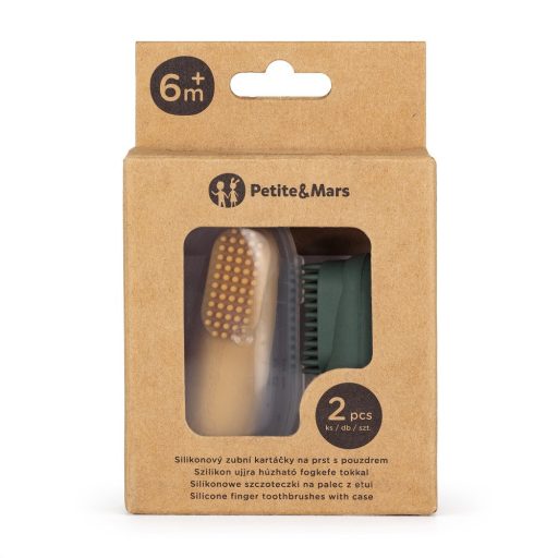 Petite&Mars Szilikon ujjra húzható 2 db fogkefe szett, Ochre&Green, 0 hó+