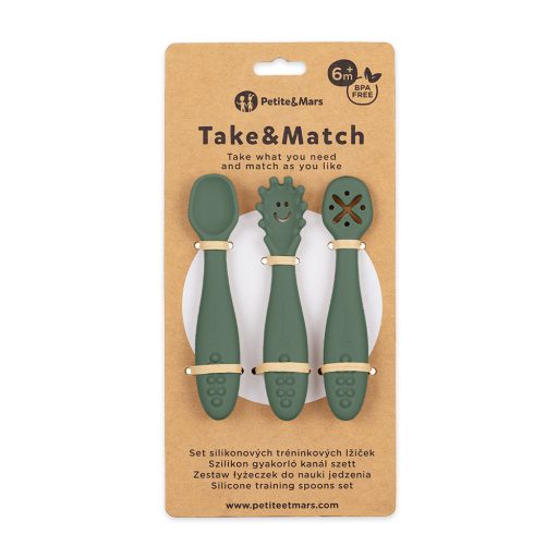 Petite&Mars Szilikon gyakorló kanál szett, 3 db, Take&Match, Misty Green, 6 hó+