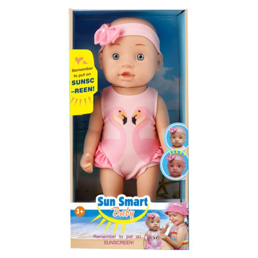 Baba, Hagyományos, üvegszemű, lebarnulós, fürdőruhás, 16x32 cm dob.