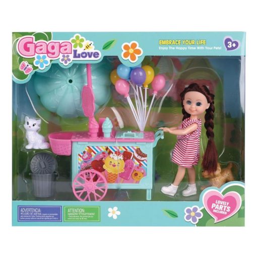 Baba klt., Évi baba, fagylaltos kocsi, + kieg., 2 szín, 29x25 cm dob.