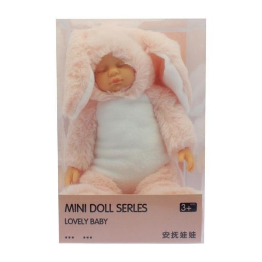 Baba, nyuszifüles plüss ruhában, csukott szemű, 23x14 cm dob.