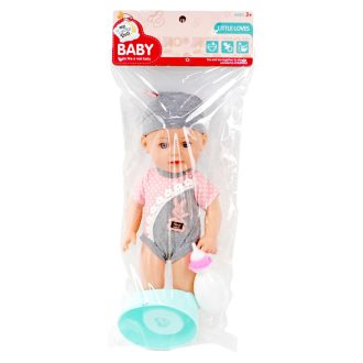   Baba klt., Hagyományos, csecsemő, iszik-pisil, üvegszemű, + bili, 3 szín, 20x50 cm zacsk.