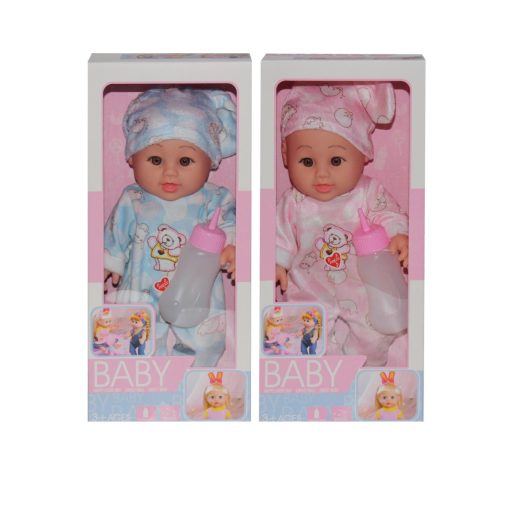 Baba, Hagyományos, csecsemő, el., hang, üvegszemű,+ kieg, 2 szín, 15x35 cm dob.