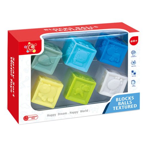 Tapintás fejlesztő kocka klt., csipogós, vinyl, 6 db, 28x19 cm dob.