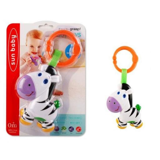 Bébi csörgő, zebra, akasztóval, 14,5x21,5 cm lapon
