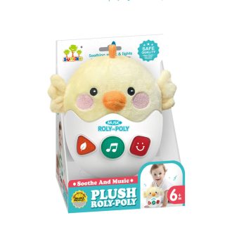   Zenélő bébi játék, el., hang-fény, bim-bam csirke, plüss, 15x19 cm dob. Gombel.