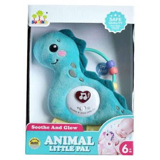   Zenélő bébi játék, el., hang+fény, plüss dínó, csörgő, rágóka, 18x25 cm dob. Gombel.