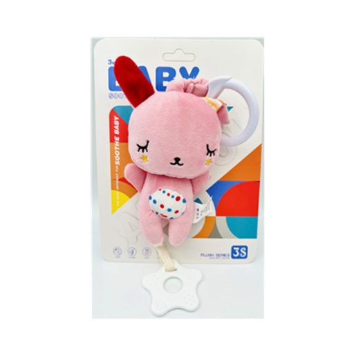 Bébi plüss maci, csörgő, + rágóka, akasztó, 3 féle, 22x34 cm lapon