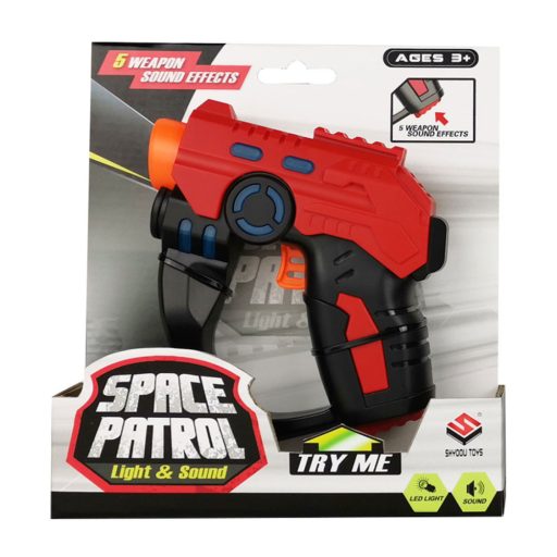 Űrpisztoly, el., hang+fény, 2 szín, 18x18 cm dob.
