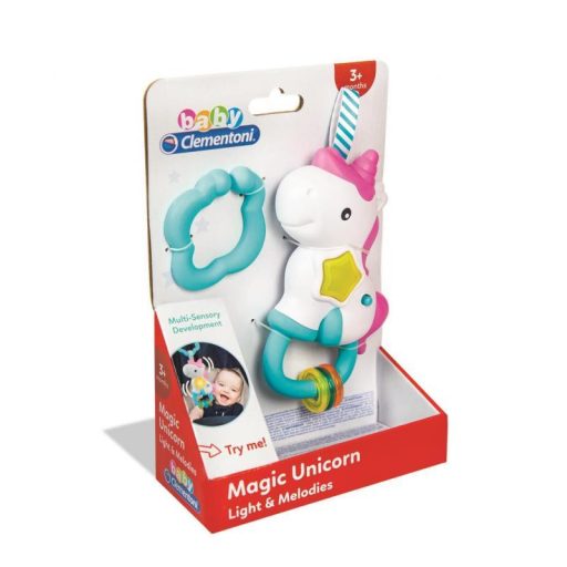 Bébi csörgő, el., zene+fény, unikornis, akasztós, 15x22 cm dob.