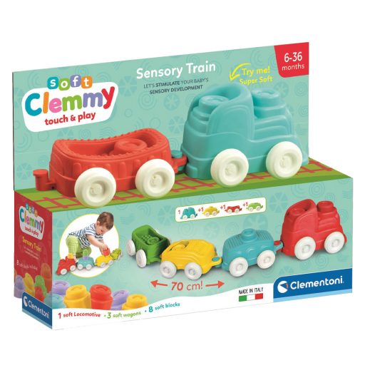 Bébi vonat klt. + építőkocka, eva soft, Clemmy, 40x28 cm dob.