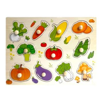 Fa ki-berakó, fafogantyús, zöldségek, 30x23 cm pvc csom.