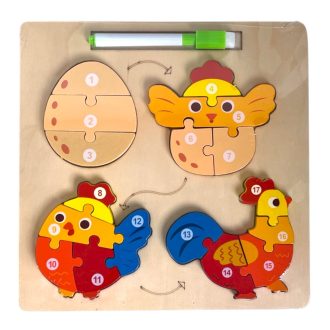   Fa puzzle, berakó, tojás-csibe-tyúk, 2 az 1 ben, hátoldal rajzolótábla, 23x23 cm pvc csom.