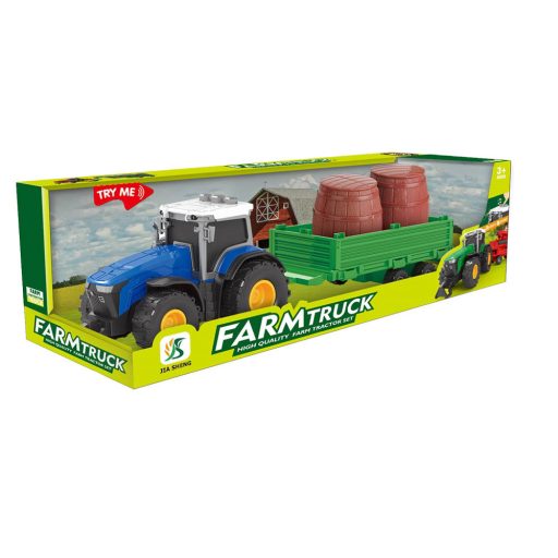 Traktor, el., hang+fény, tolató hang, lend., hátul pótkocsi hordószállító, 3 szín, 33x11 cm dob. gombel.