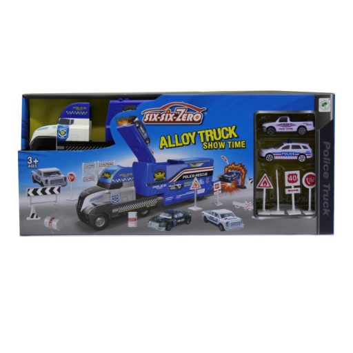 Autószállító, rendőrségi klt., 2 fém autó, kresztáblák, 44x19 cm dob.