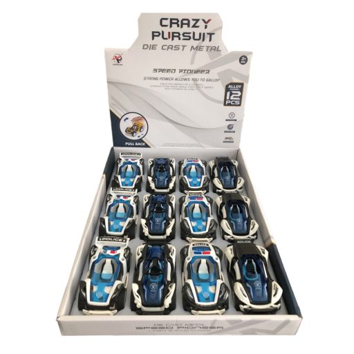 Autó, rendőrautó, hátrah. (részben fém), 2 szín, 12 cm., 12/disp.