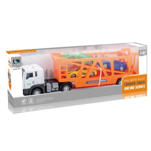 Fém autószállító, hátrah., + 3 db autó, 31x11 cm dob.