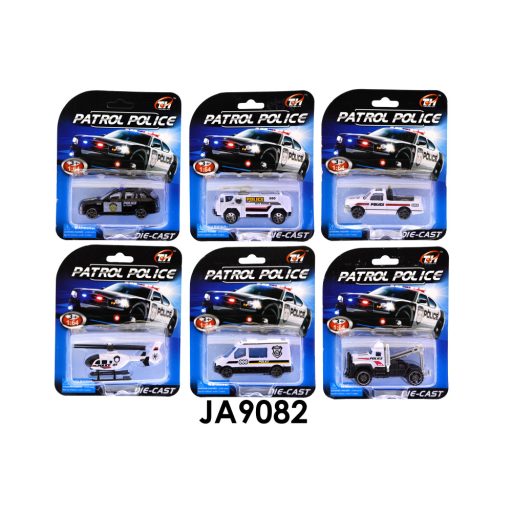 Fém rendőrségi autó, helikopter, 6 féle, 1:64, 11,5x14cm lapon