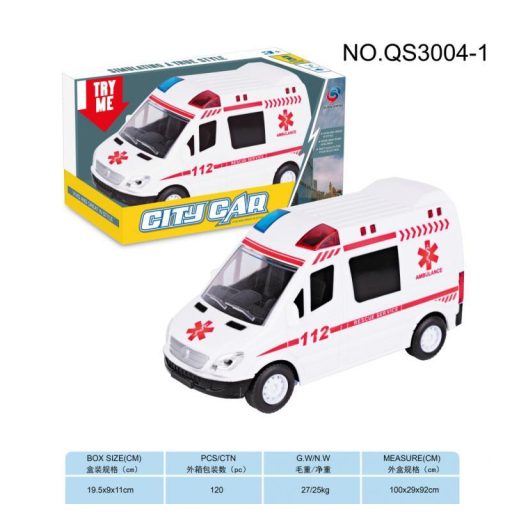 Mentőautó, el., lend., hang + fény, 20x11 cm dob.gombel.