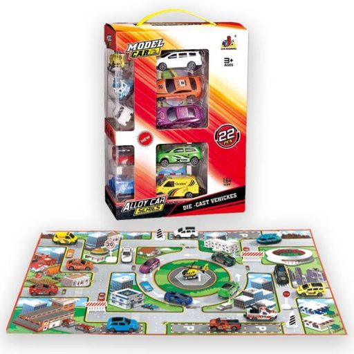 Fém autó klt., 15 db + terep, 18x27 cm dob.