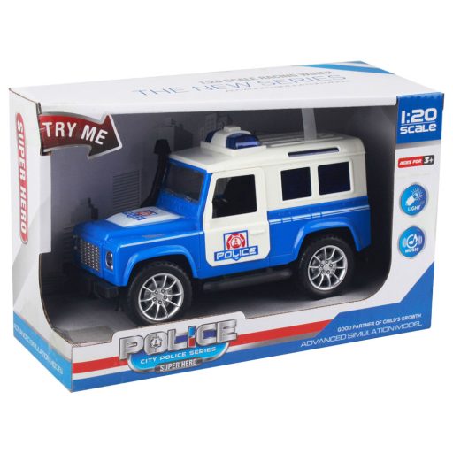 Rendőrautó, jeep, el., igazi hang+fény, lend., ajtónyitós, 22x14 cm dob. gombel.
