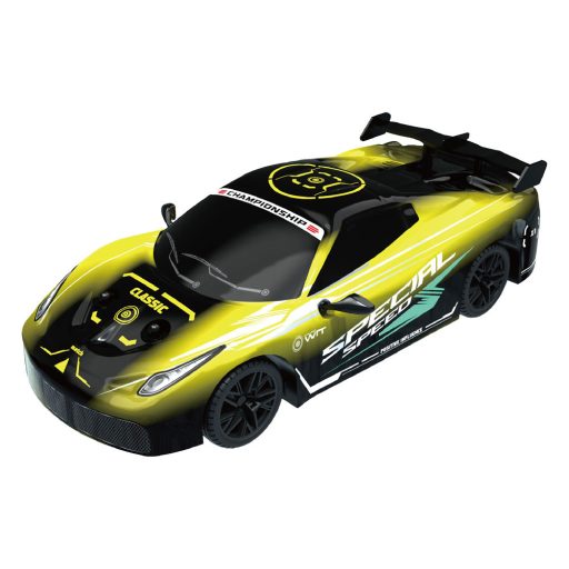 R/C autó, el., fullfunkc., karosszéria vil., zene, fóliatestű, 2 szín, 34x15 cm dob.