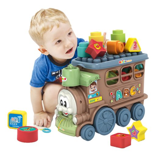 Mozdony + soft építőkocka klt., 19 db, 39x25 cm dob.