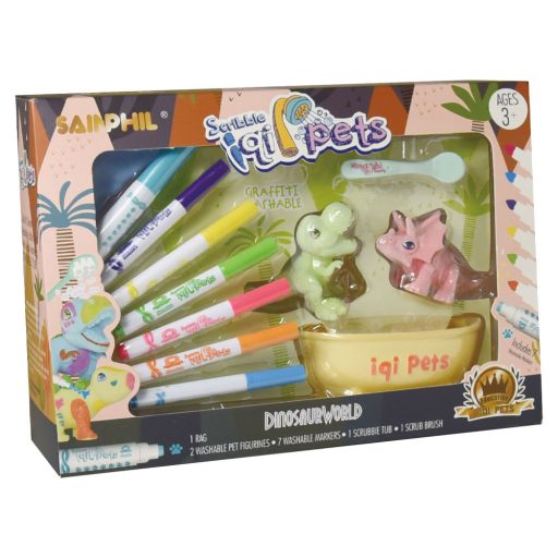 Kifestő állat klt., flokkolt állat, 2 db dínó + kád + 7 filc, 2 féle, 30x21 cm dob.