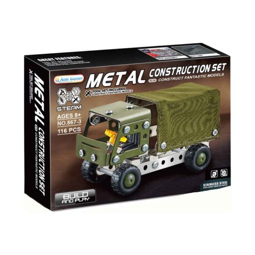 Fémépítő klt., katonai autó, ponyvás, 24x18 cm dob.