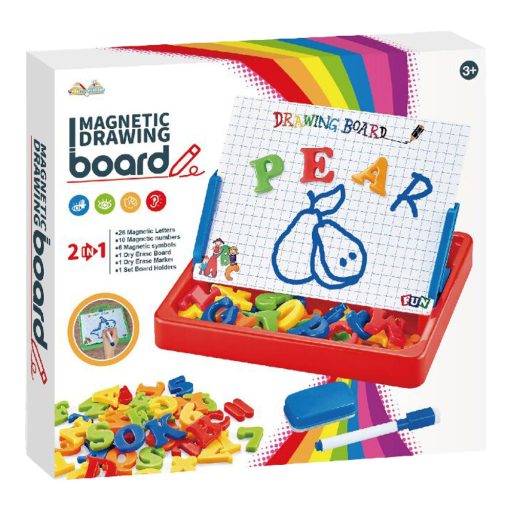 Mágneses tábla klt., ABC, betűk, számok, felnyitható tárolóban, 24x22 cm dob.