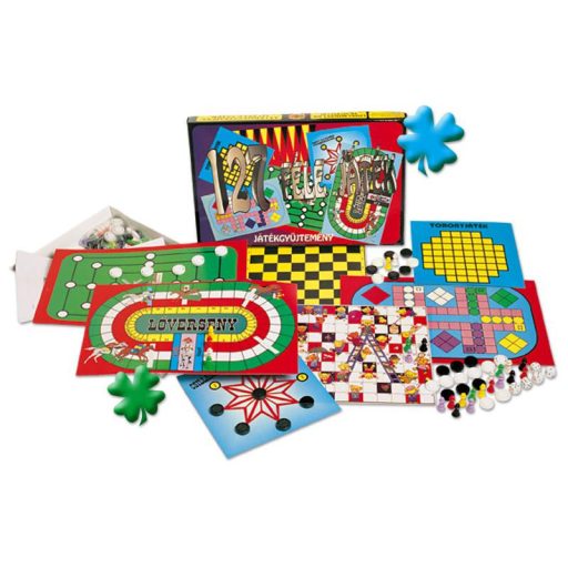 Társasjáték, Játékgyűjtemény, 127 féle, 43x27x5 cm dob.